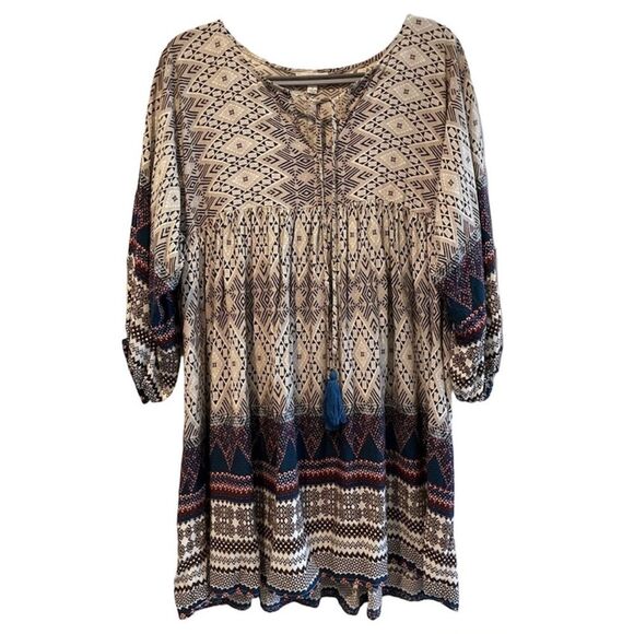Umgee Boho Abstract Print Dress Tunic Brown Size Small - Picture 1 of 9